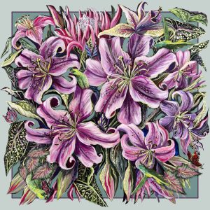 Deep Feeling: Parrots and lily. Reprodukcja 50x50cm Fine Art